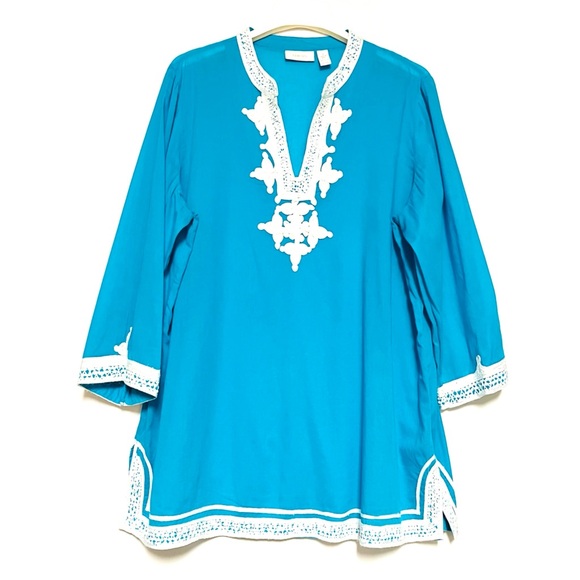 Chicos Tunic Top Embroidered Womens Size 2 Large Sequins Beachy Boho Capri Blue - Picture 2 of 11